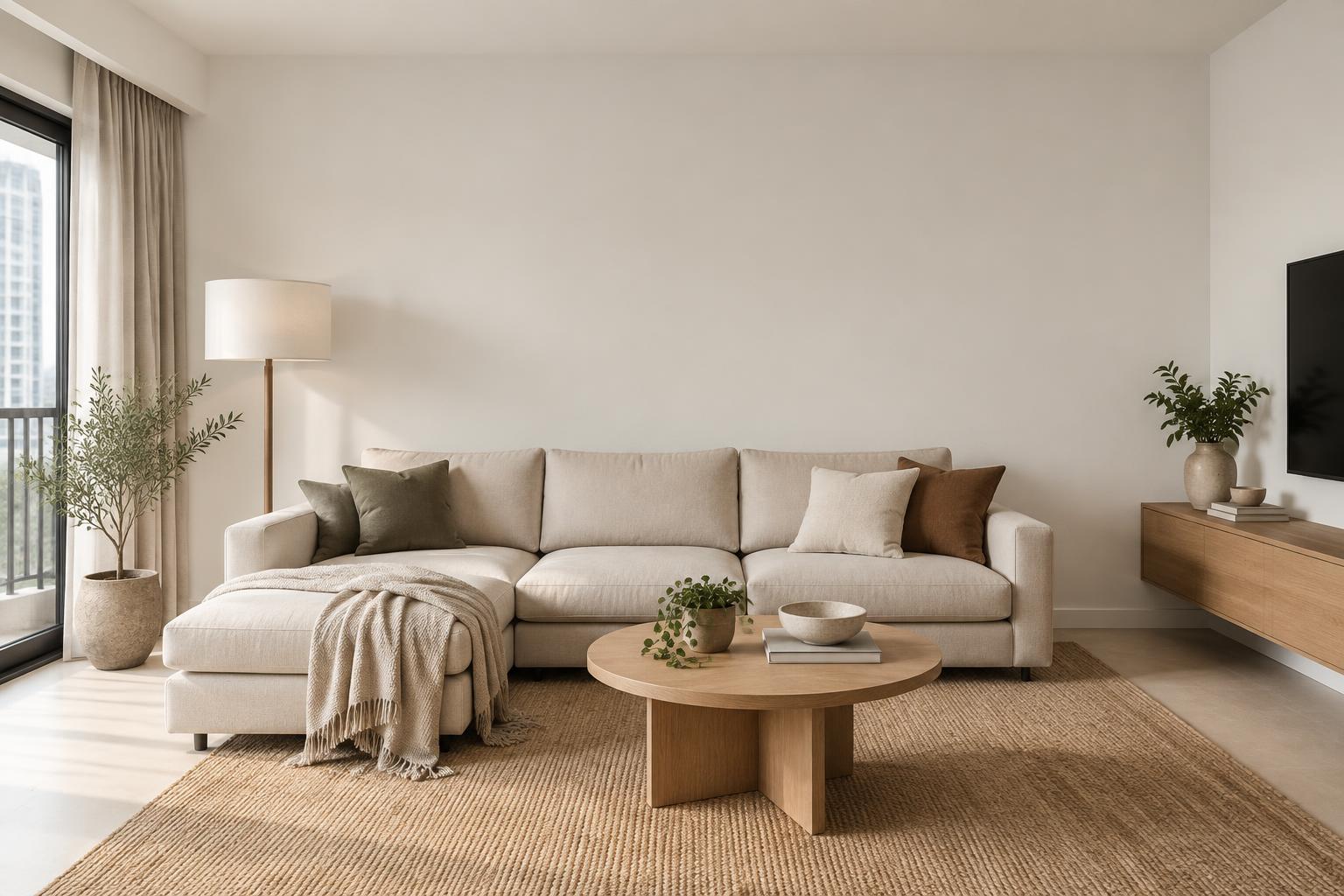 HDB living room painted in Gush Linen XR010A, showing the shade in natural Singapore daylight