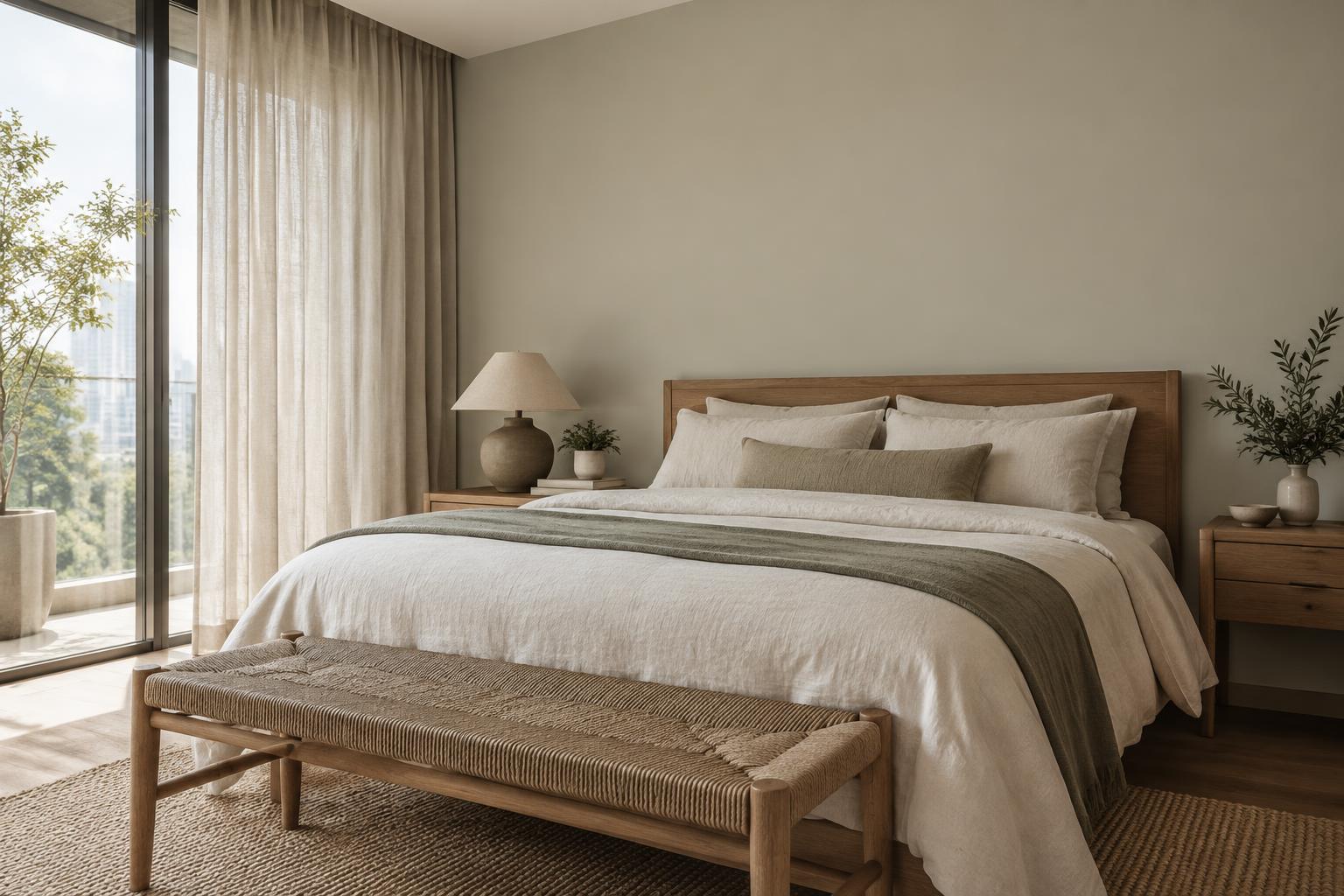 Condo bedroom painted in Gush Olive Branch XR023A, showing the shade in natural Singapore daylight
