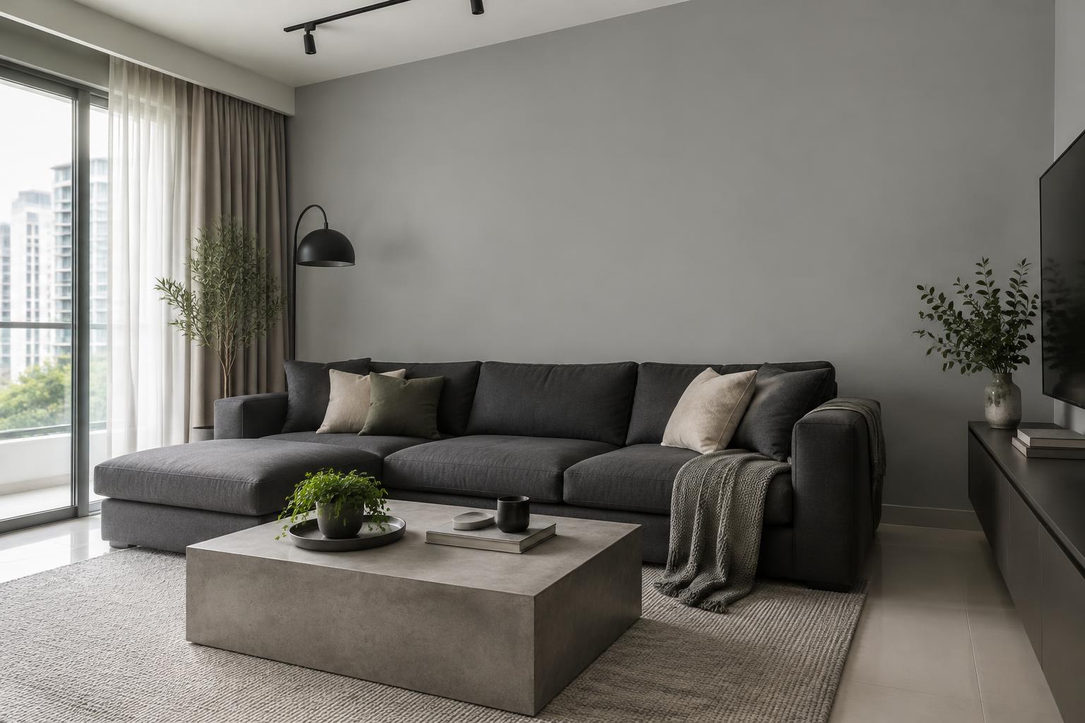 HDB living room painted in Gush Boulder XR025B, showing the shade in natural Singapore daylight