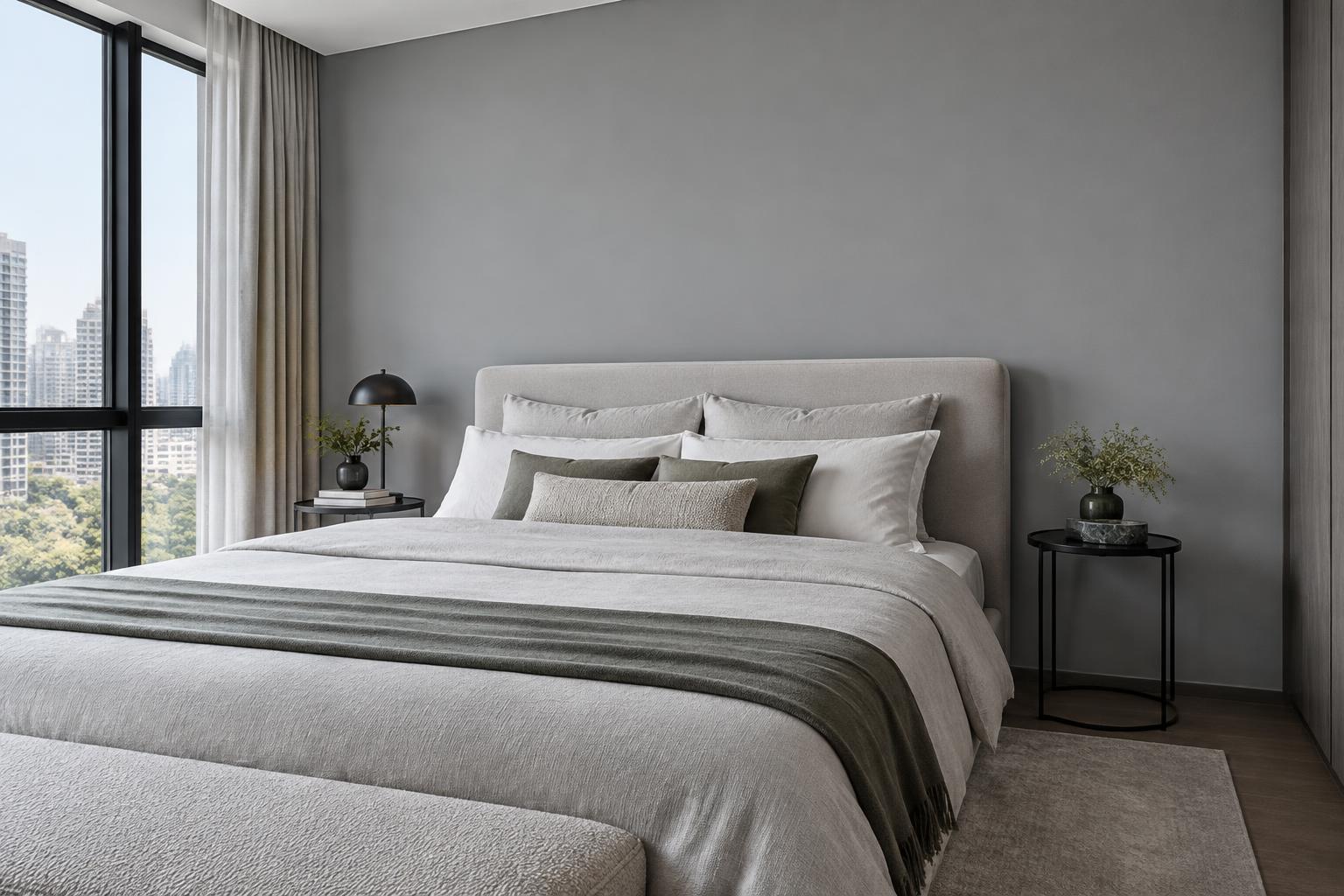 Condo bedroom painted in Gush Pebble XR026B, showing the shade in natural Singapore daylight
