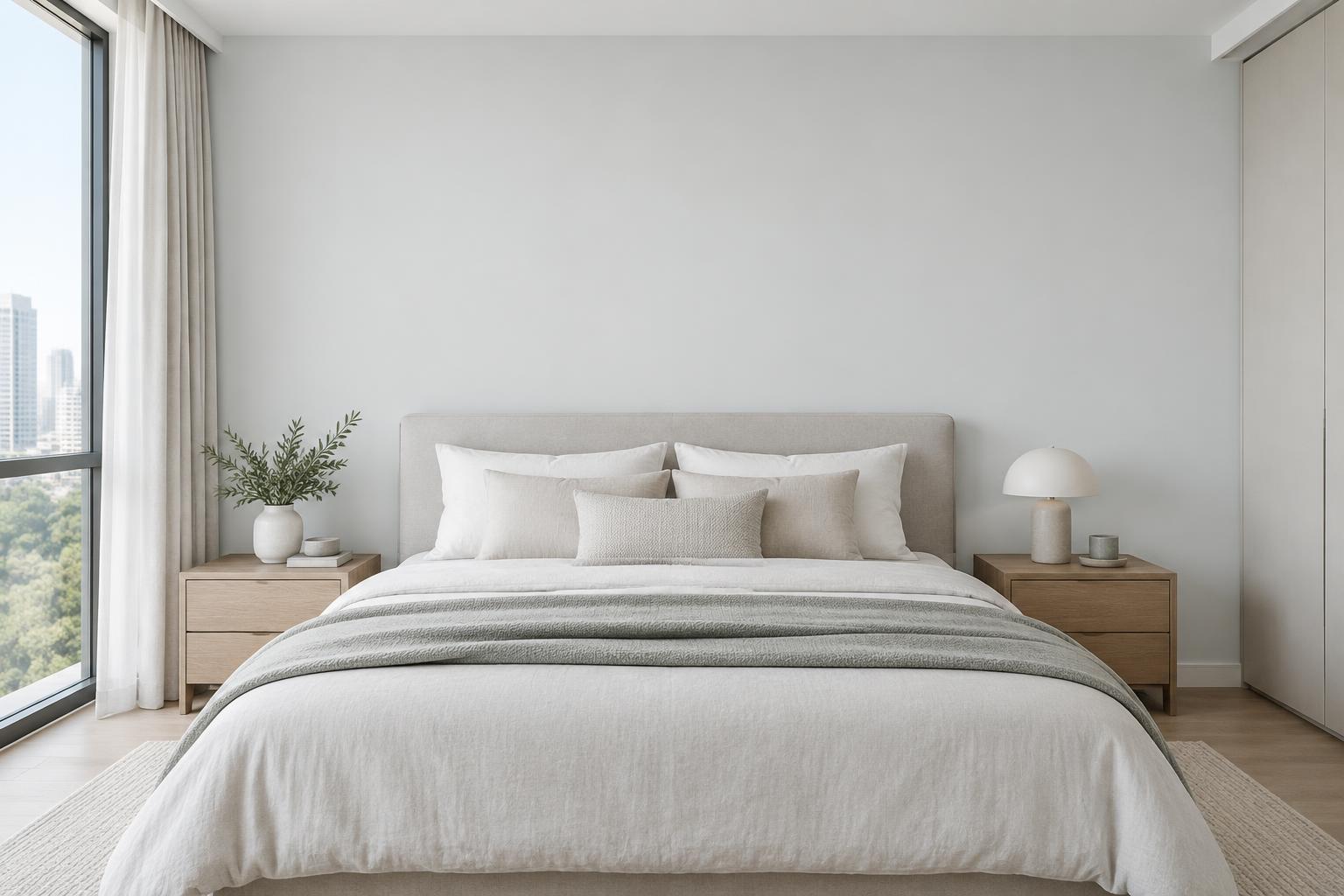 Condo master bedroom with linen bed and oak side tables painted in Gush Street XR029A, showing the shade in natural Singapore daylight
