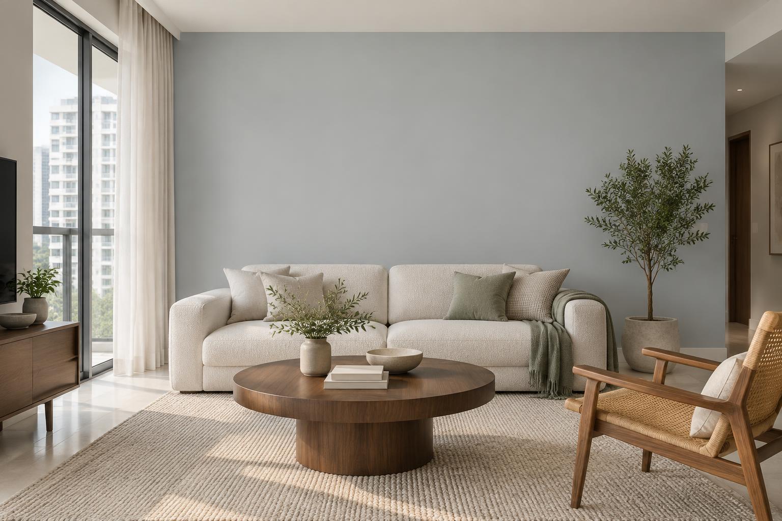 HDB living room with boucle sofa and rattan armchair painted in Gush Happy Place XR032B, showing the shade in natural Singapore daylight