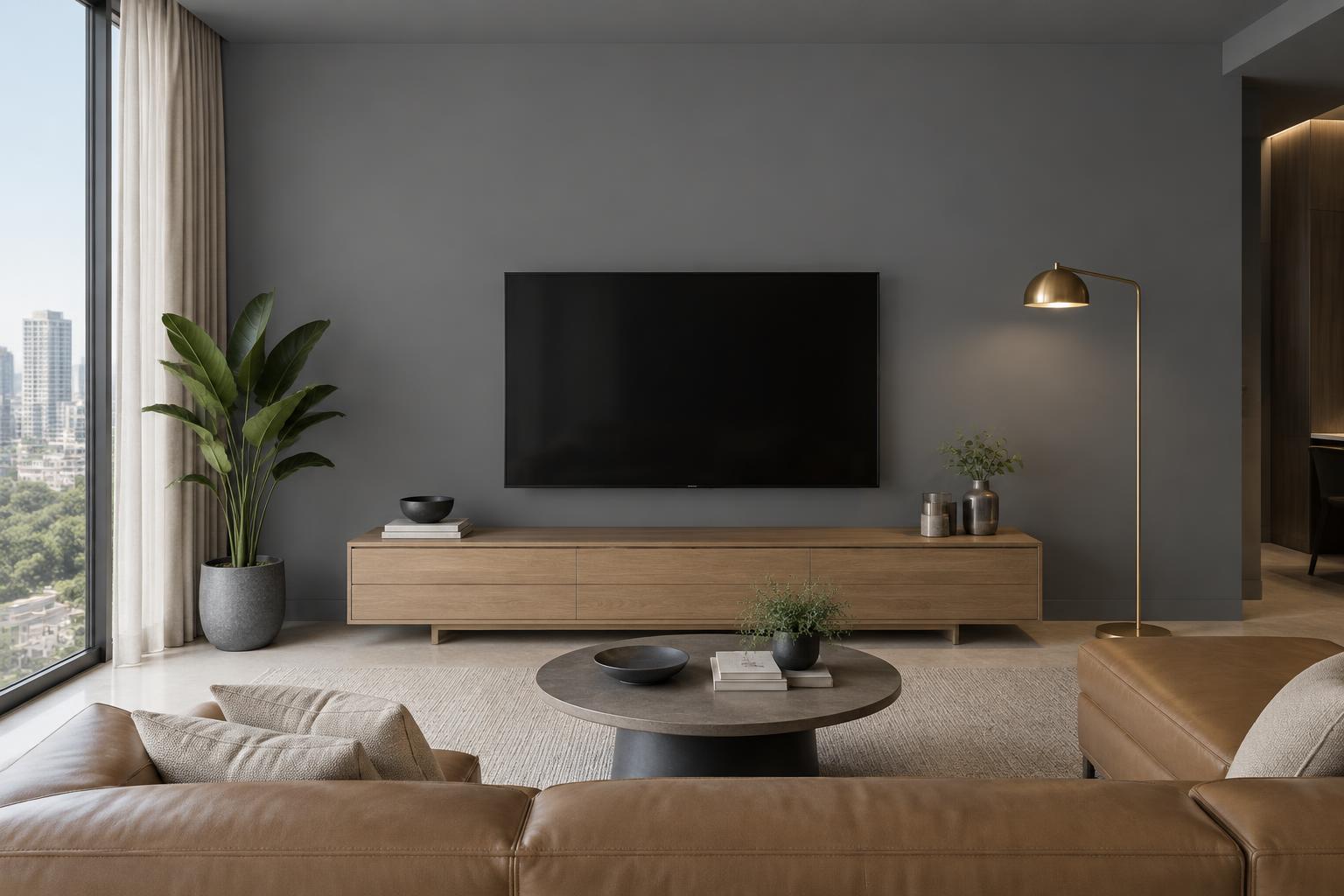 Condo media room with oak console and tan leather sofa painted in Gush Vader XR036C, showing the shade in natural Singapore daylight