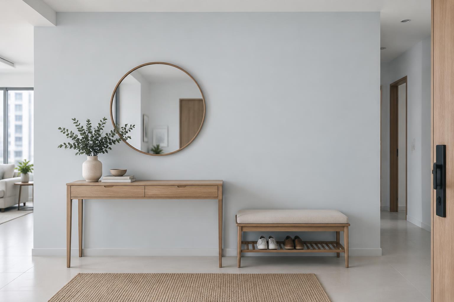 HDB entryway with oak console, round mirror and shoe bench painted in Gush Snowcapped XR037A, showing the shade in natural Singapore daylight