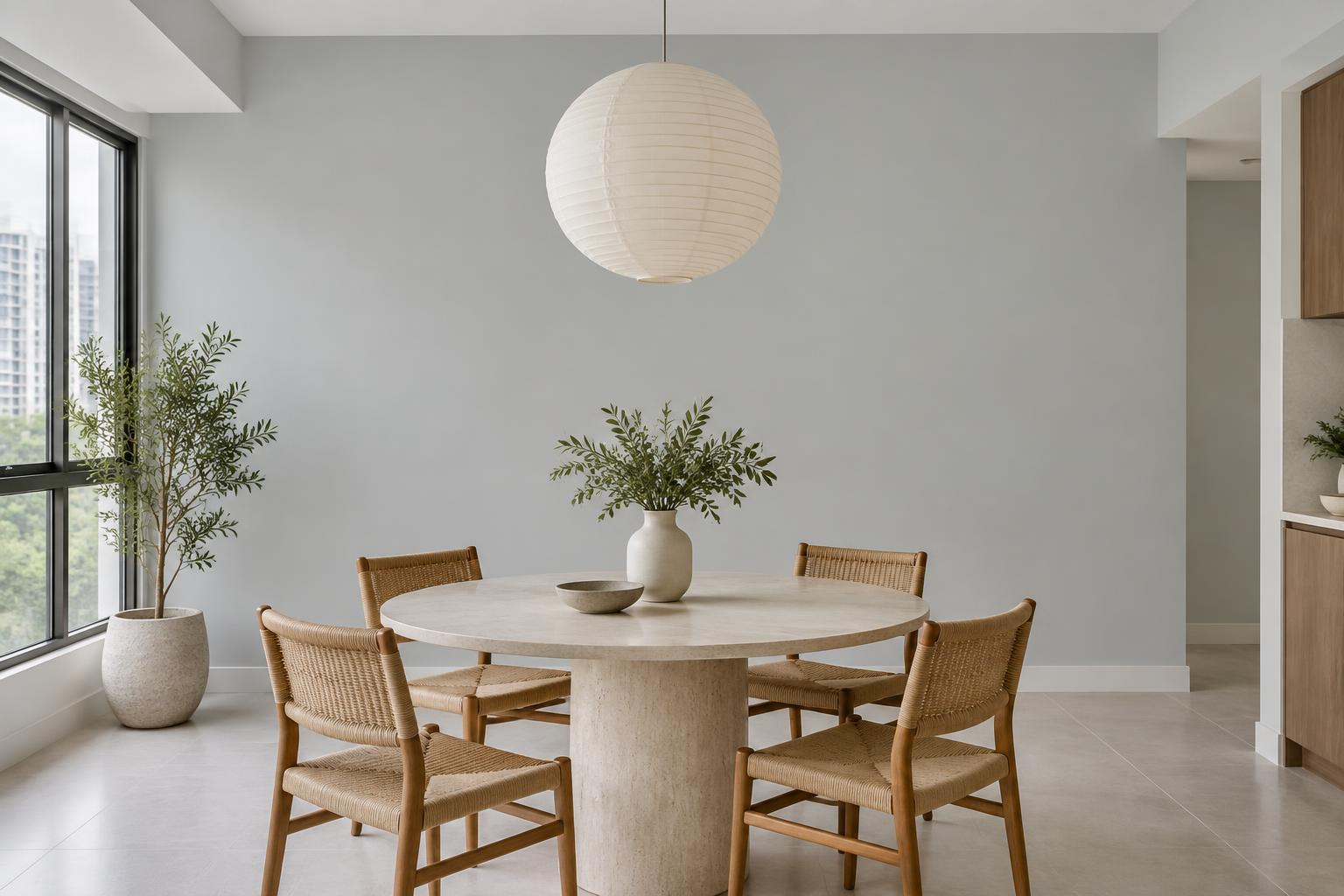 HDB dining room with travertine table and woven chairs painted in Gush Earl XR038A, showing the shade in natural Singapore daylight