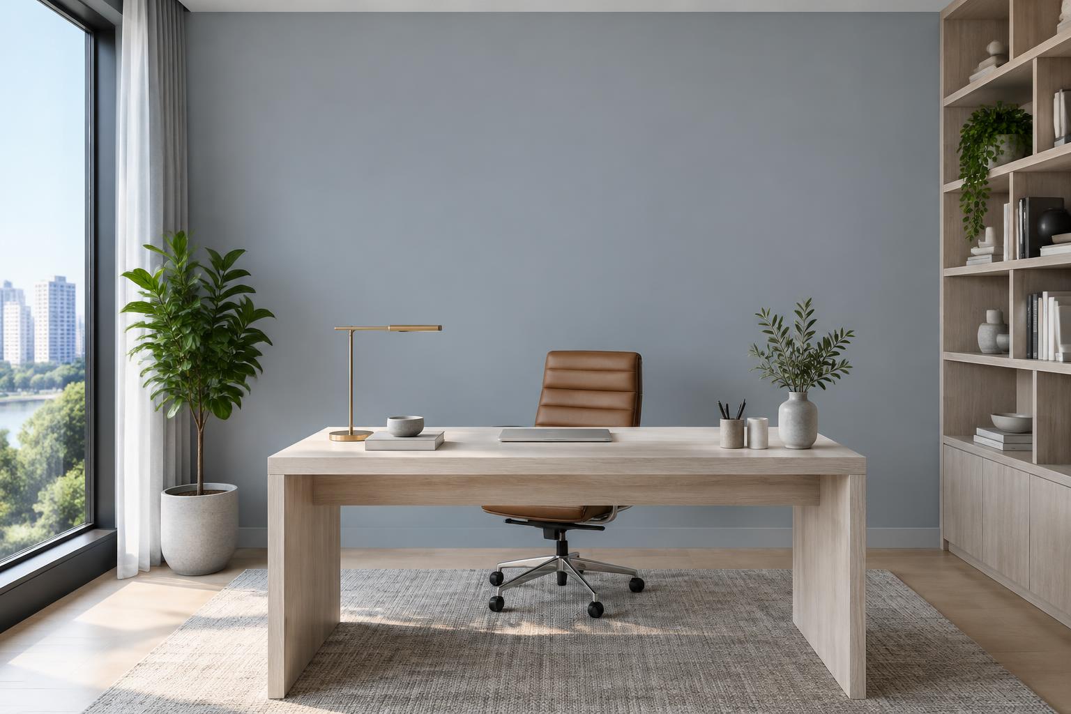 Condo home study with white oak desk and bookshelf painted in Gush Perdita XR040B, showing the shade in natural Singapore daylight