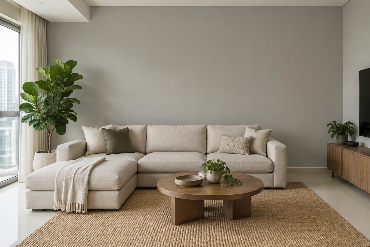 HDB living room with linen sectional and fiddle leaf fig painted in Gush Frontier XR042B, showing the shade in natural Singapore daylight
