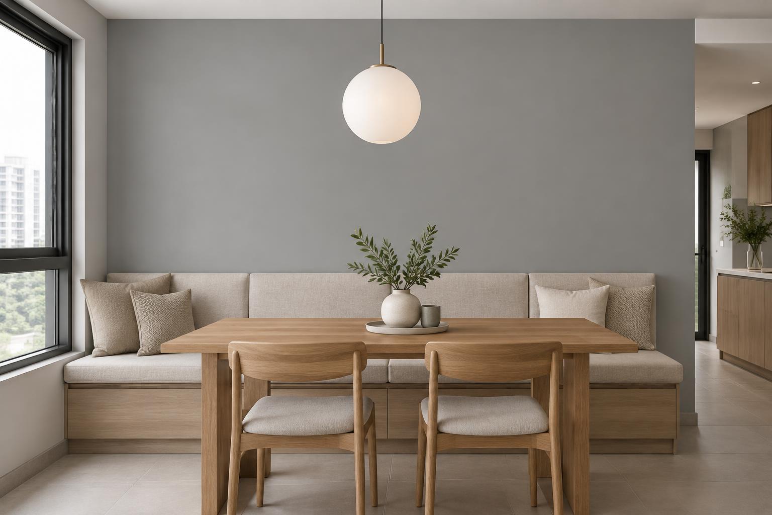 HDB dining nook with built-in banquette and oak table painted in Gush Furiosa XR043C, showing the shade in natural Singapore daylight