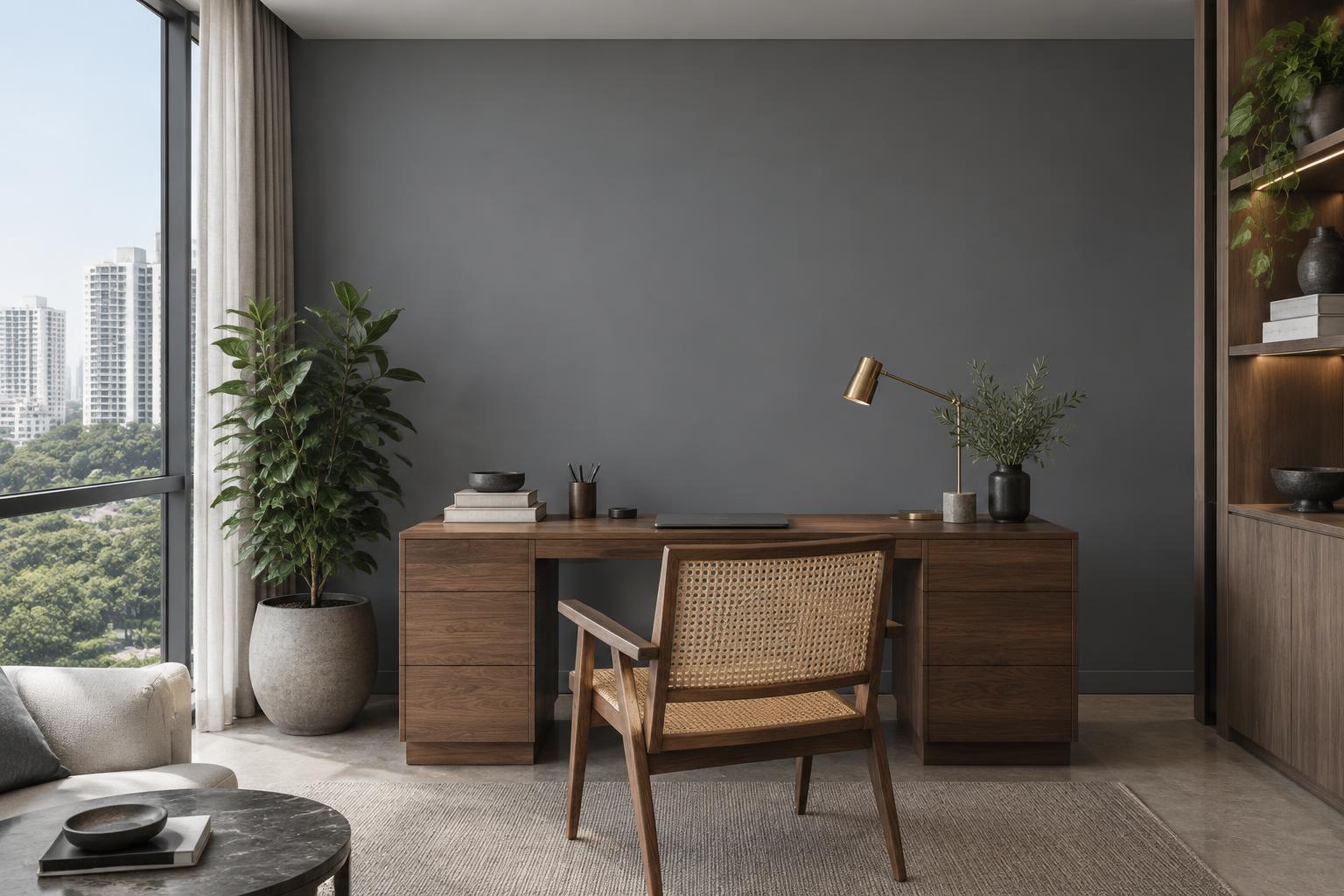 Condo home office with walnut desk and cane chair painted in Gush Align XR044C, showing the shade in natural Singapore daylight