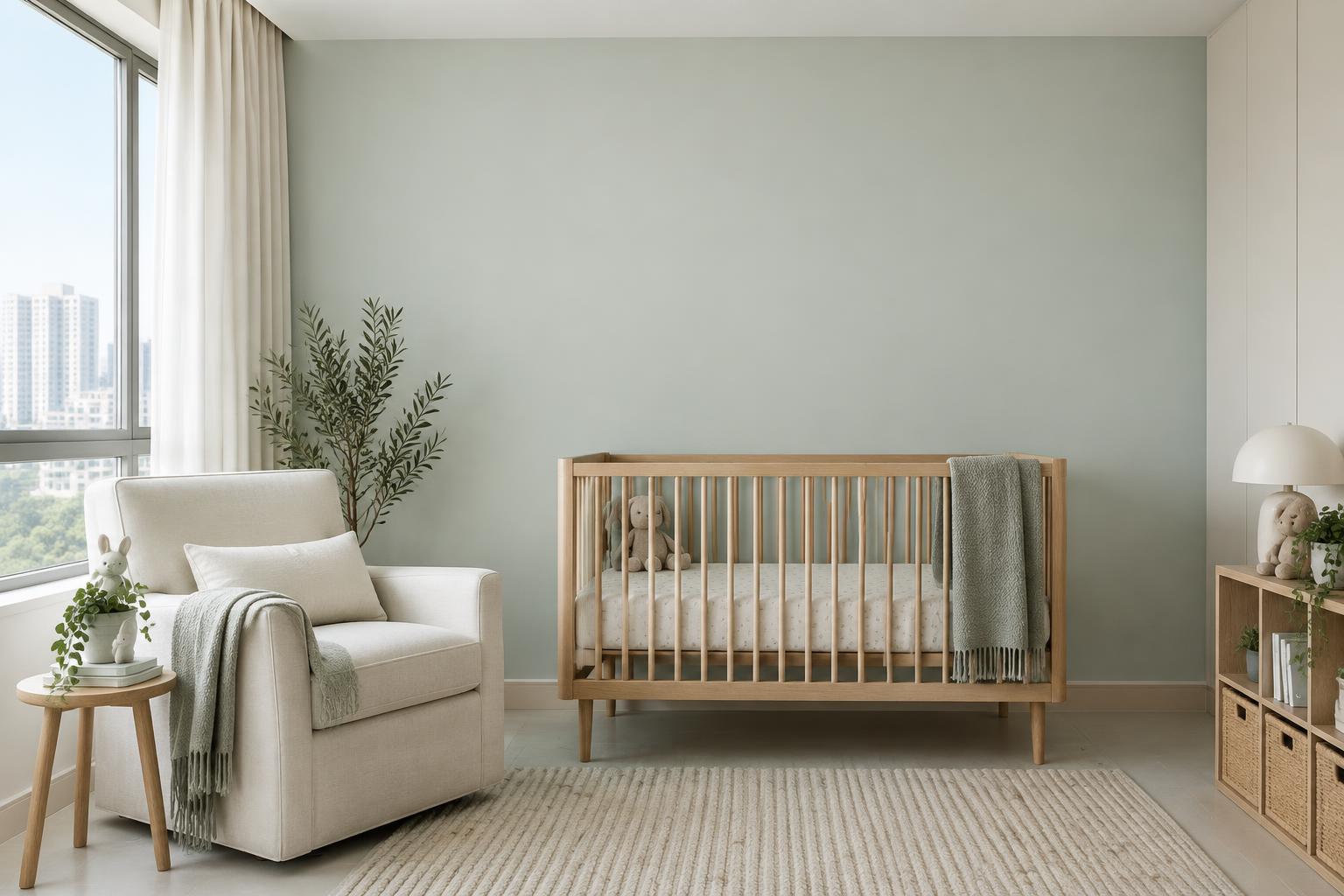 HDB nursery with wooden crib and linen armchair painted in Gush Your Hand In Mine XR045A, showing the shade in natural Singapore daylight