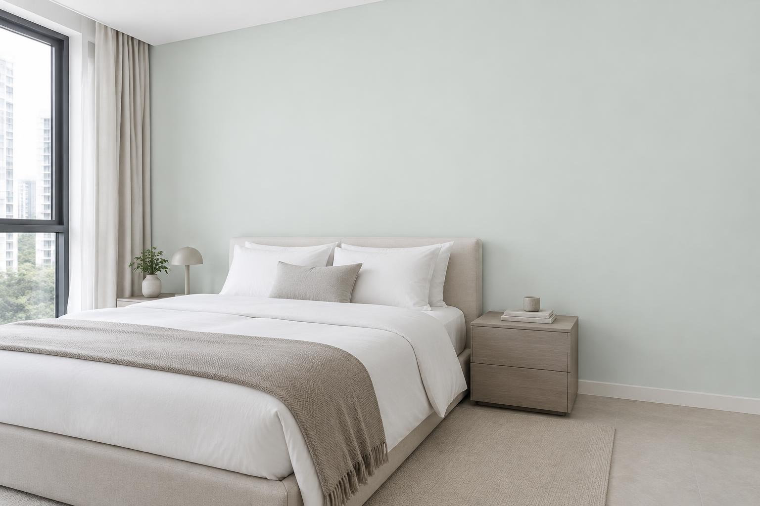 Condo guest bedroom with platform bed and ash side table painted in Gush Sculpture XR046A, showing the shade in natural Singapore daylight