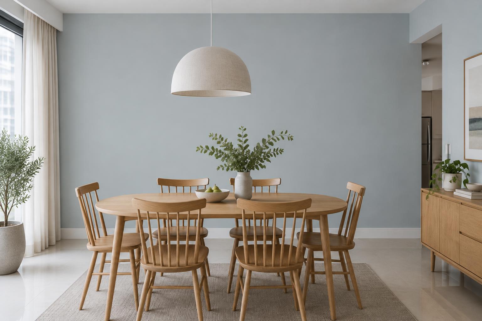 HDB dining room with oval oak table and spindle chairs painted in Gush Dim The Lights XR048B, showing the shade in natural Singapore daylight
