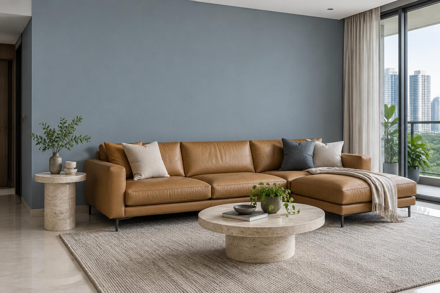 Condo living room with camel leather sofa and travertine tables painted in Gush Harvestmoon XR050B, showing the shade in natural Singapore daylight