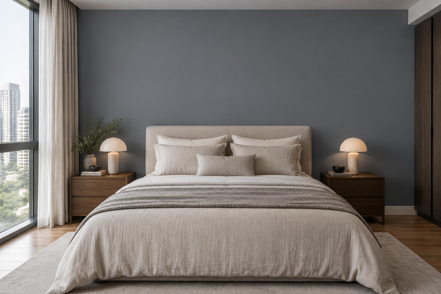 Condo master bedroom with oatmeal linen and walnut nightstands painted in Gush Yugen XR052C, showing the shade in natural Singapore daylight
