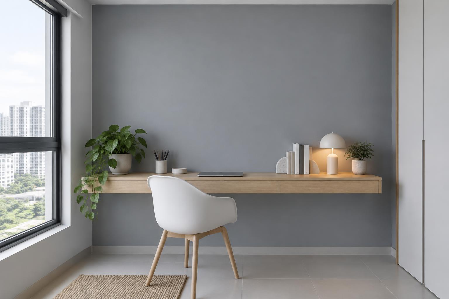 HDB study corner with floating oak desk and white chair painted in Gush Stellar XR056B, showing the shade in natural Singapore daylight