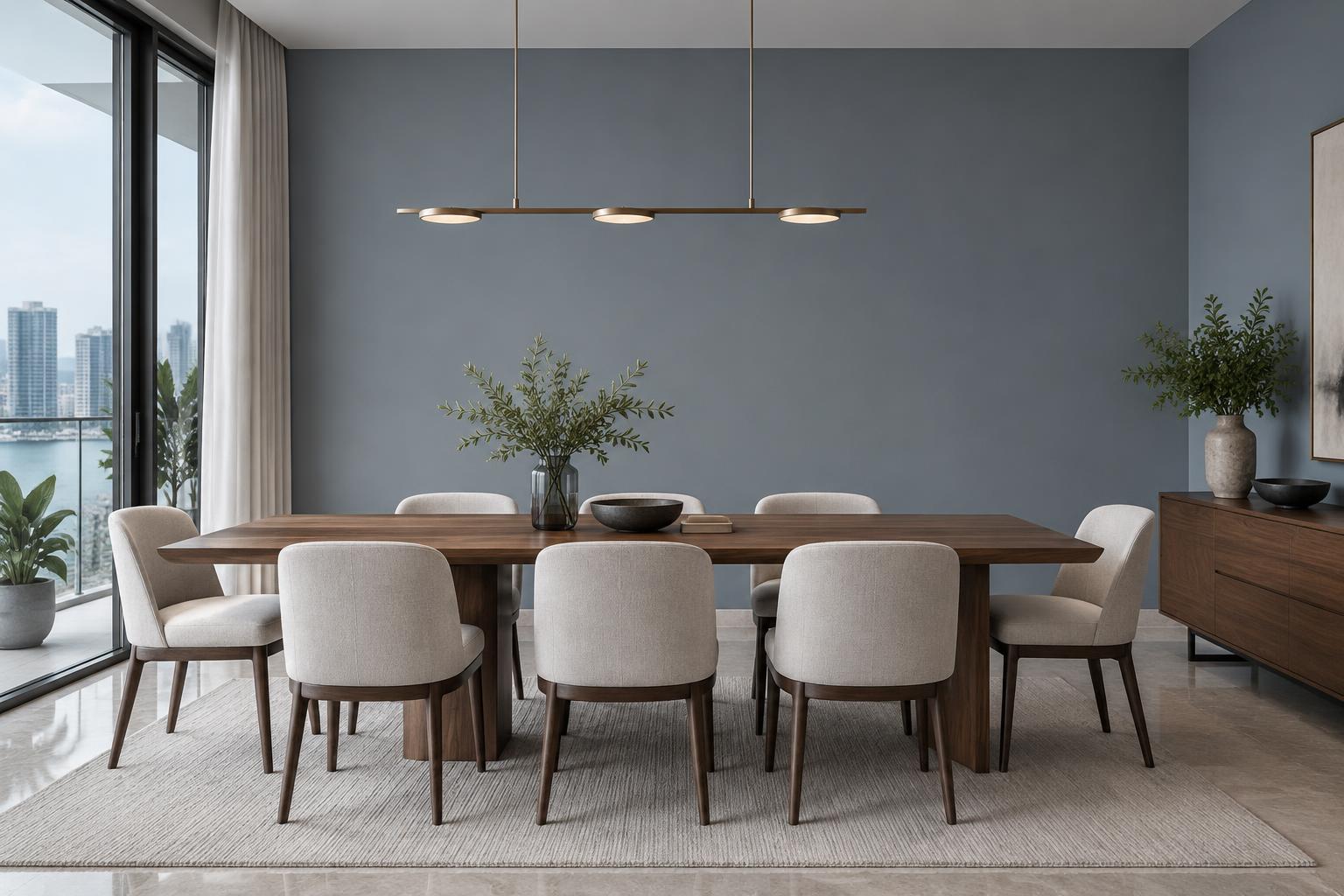 Condo dining room with long walnut table and upholstered chairs painted in Gush Moonlight XR058C, showing the shade in natural Singapore daylight