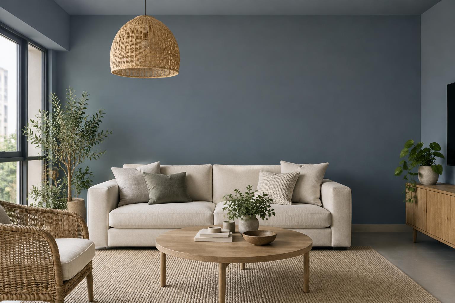HDB living room with ivory sofa and rattan pendant painted in Gush Expanse XR059C, showing the shade in natural Singapore daylight