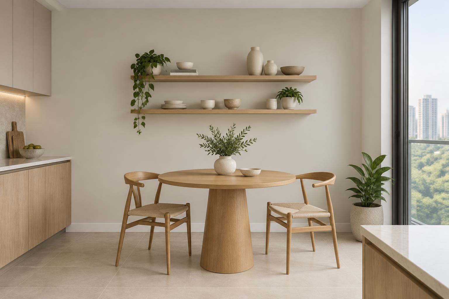 Condo kitchen breakfast nook with round oak table and open shelves painted in Gush Run Wild XR060A, showing the shade in natural Singapore daylight