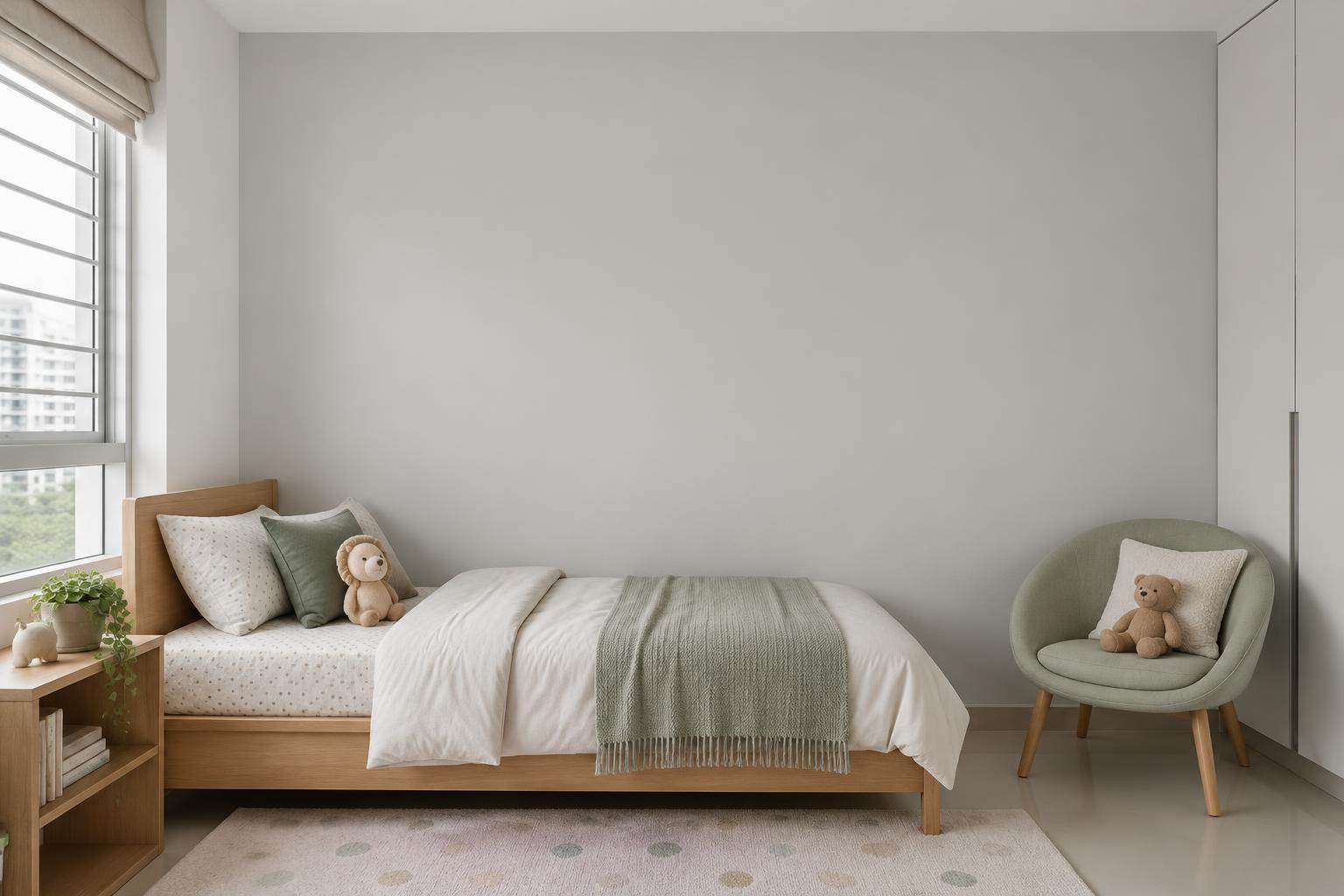 HDB children's bedroom with wooden single bed and reading chair painted in Gush Cradle XR061A, showing the shade in natural Singapore daylight