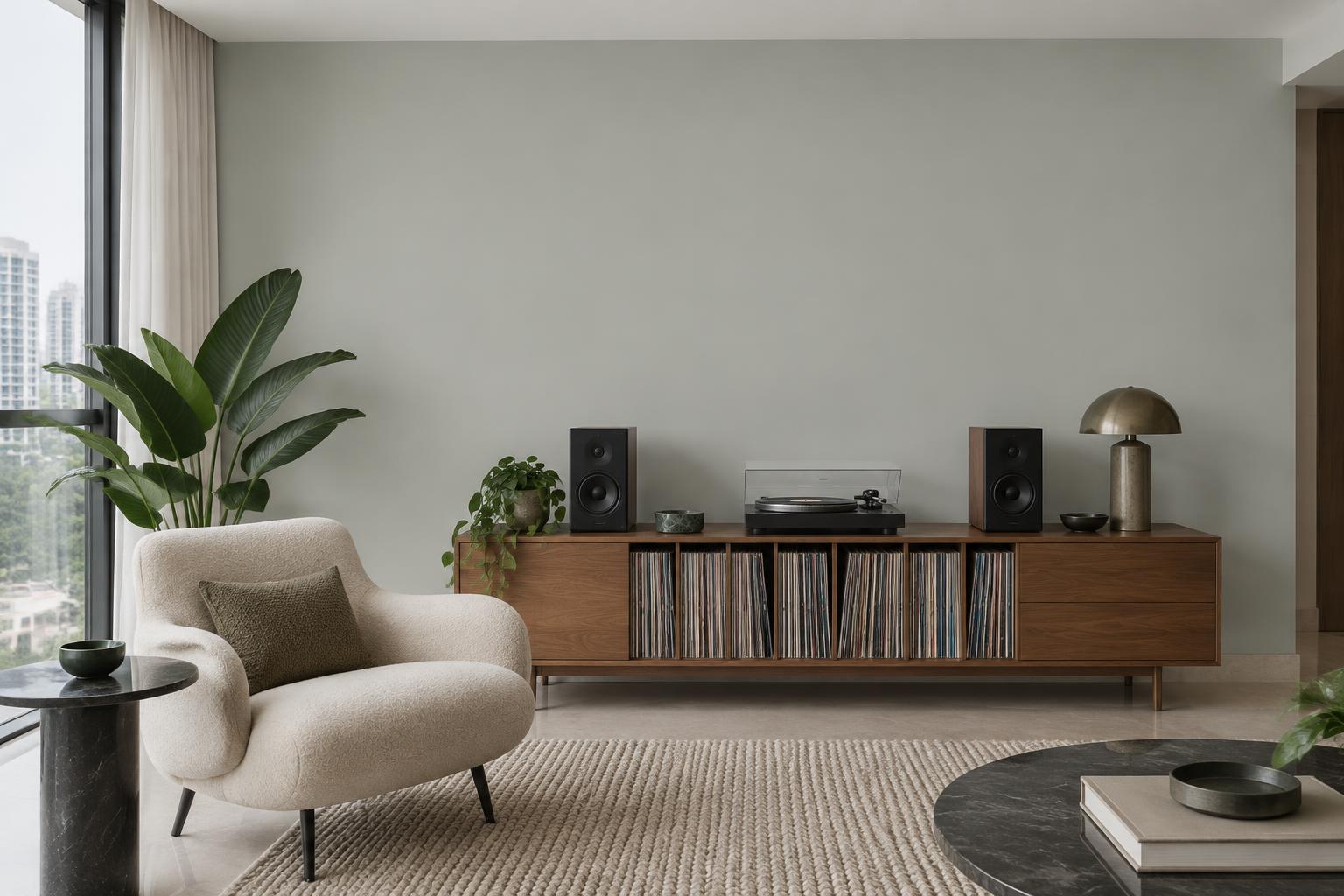 Condo listening room with walnut record cabinet and lounge chair painted in Gush Shoegaze XR062A, showing the shade in natural Singapore daylight