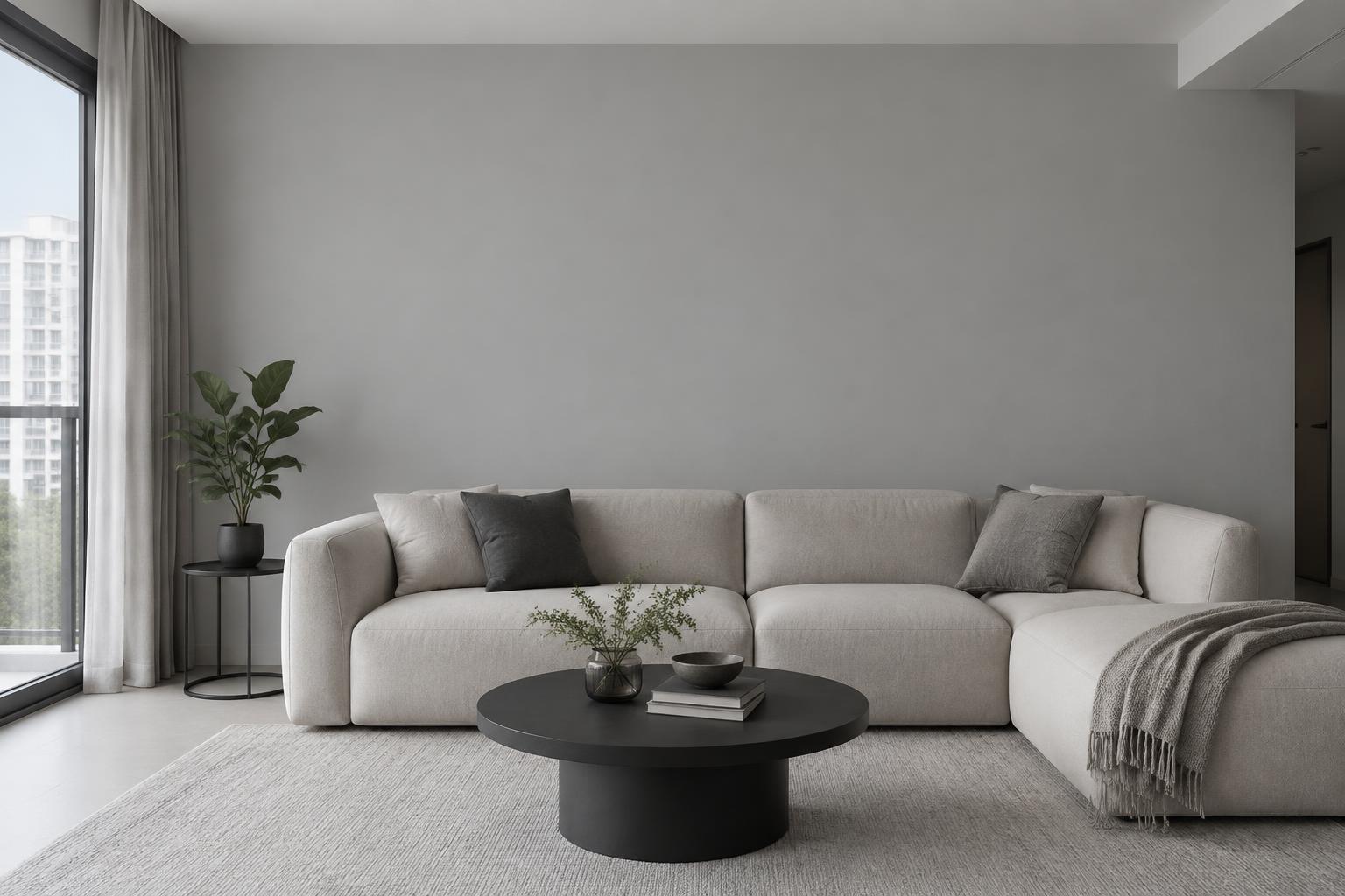 HDB living room with mohair sofa and black side table painted in Gush Luna XR063B, showing the shade in natural Singapore daylight