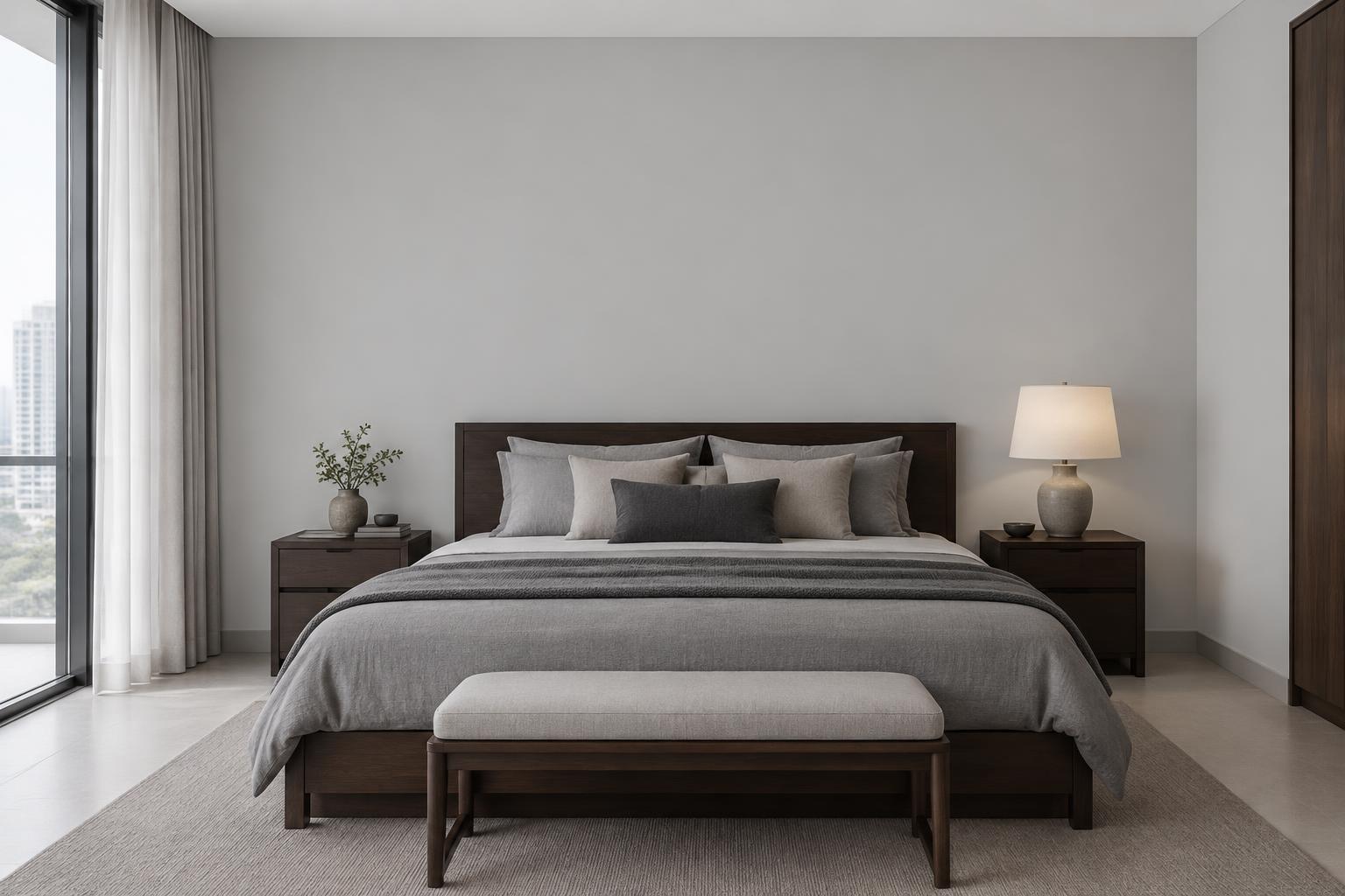 Condo bedroom with dark oak bed and grey linen painted in Gush Solomon XR068A, showing the shade in natural Singapore daylight
