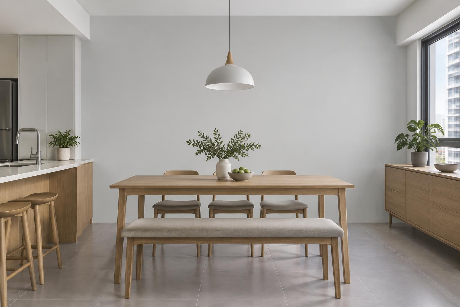 HDB kitchen dining area with ash table and bench painted in Gush Rice Bowl XR069A, showing the shade in natural Singapore daylight