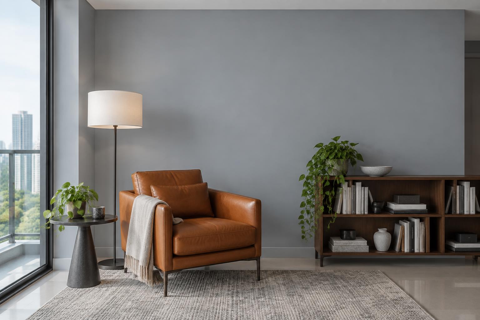 Condo reading nook with cognac leather armchair and bookshelf painted in Gush Eyes Meet XR071B, showing the shade in natural Singapore daylight