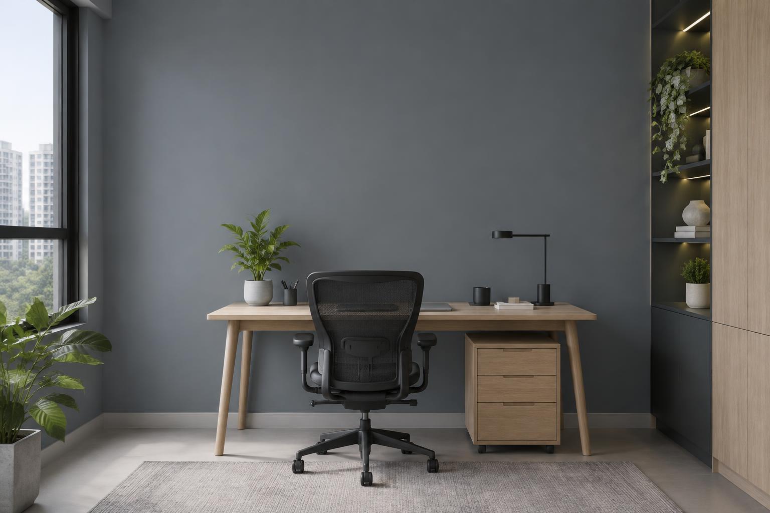 HDB home office with light oak desk and black task chair painted in Gush Drumsolo XR073C, showing the shade in natural Singapore daylight
