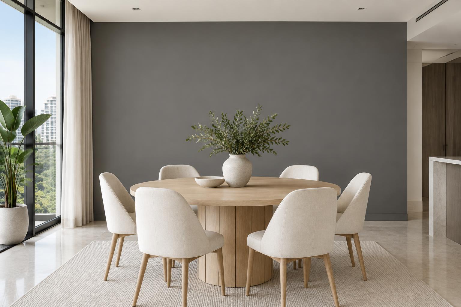 Condo dining room with pale oak round table and cream chairs painted in Gush Paragon XR075C, showing the shade in natural Singapore daylight