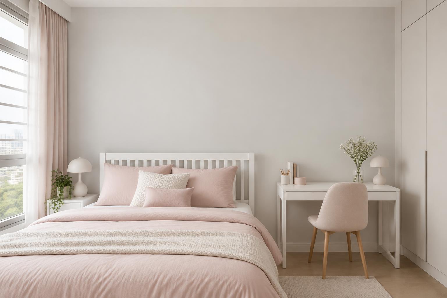 HDB bedroom with white bed, blush bedding and small desk painted in Gush Fairytale XR076A, showing the shade in natural Singapore daylight