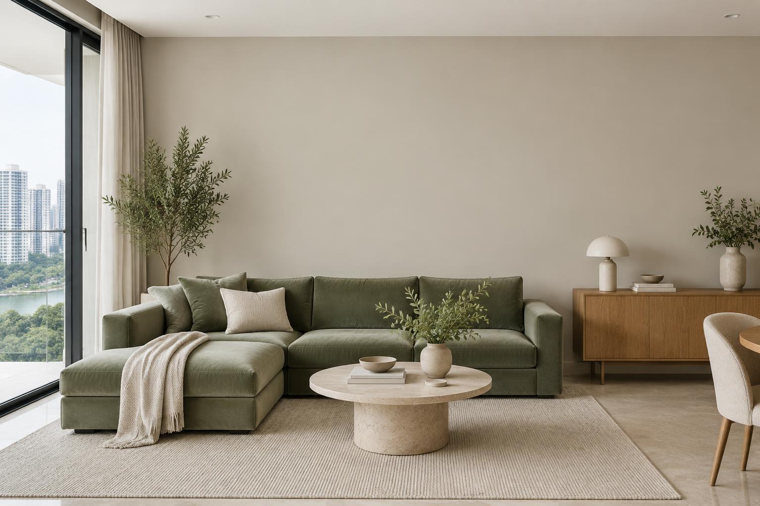 Condo living room with sage velvet sofa and oak console painted in Gush Kindred XR077A, showing the shade in natural Singapore daylight