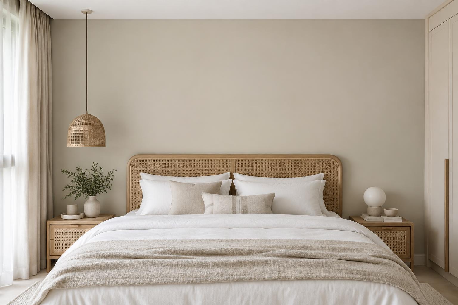 HDB master bedroom with rattan headboard and white linen painted in Gush Barefoot XR078A, showing the shade in natural Singapore daylight