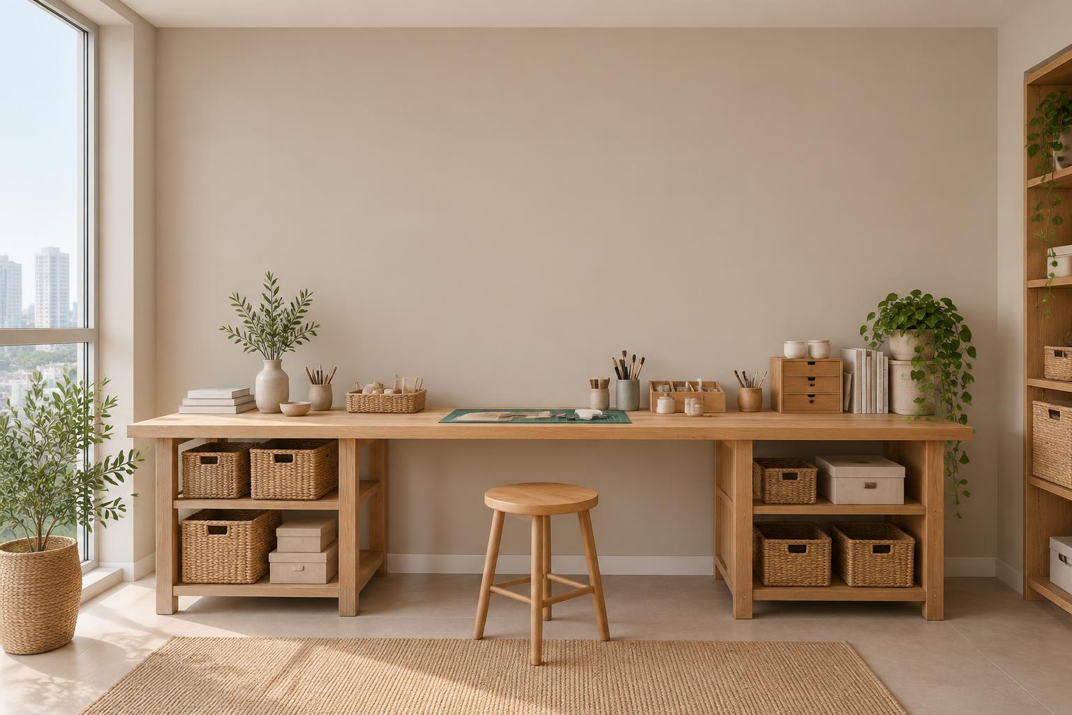 Condo craft room with oak worktable and woven baskets painted in Gush Scrapbooking XR079B, showing the shade in natural Singapore daylight