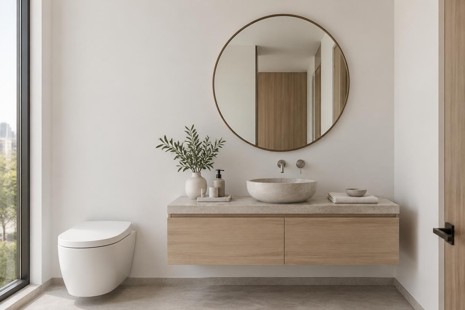 Condo powder room with floating oak vanity and round mirror painted in Gush Shaggy Bangs XR084A, showing the shade in natural Singapore daylight