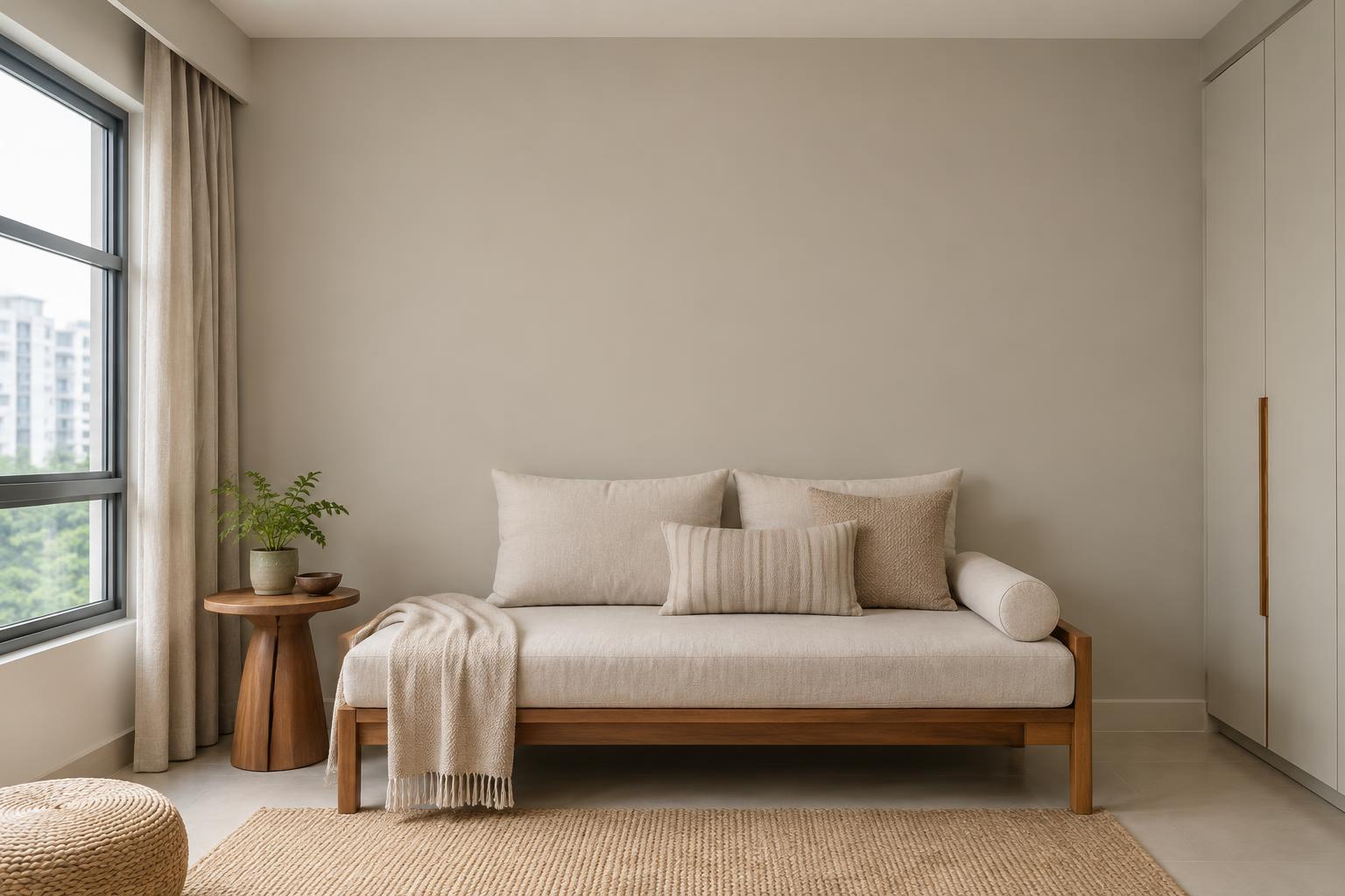 HDB guest room with teak daybed and oatmeal cushions painted in Gush Homestay XR085A, showing the shade in natural Singapore daylight