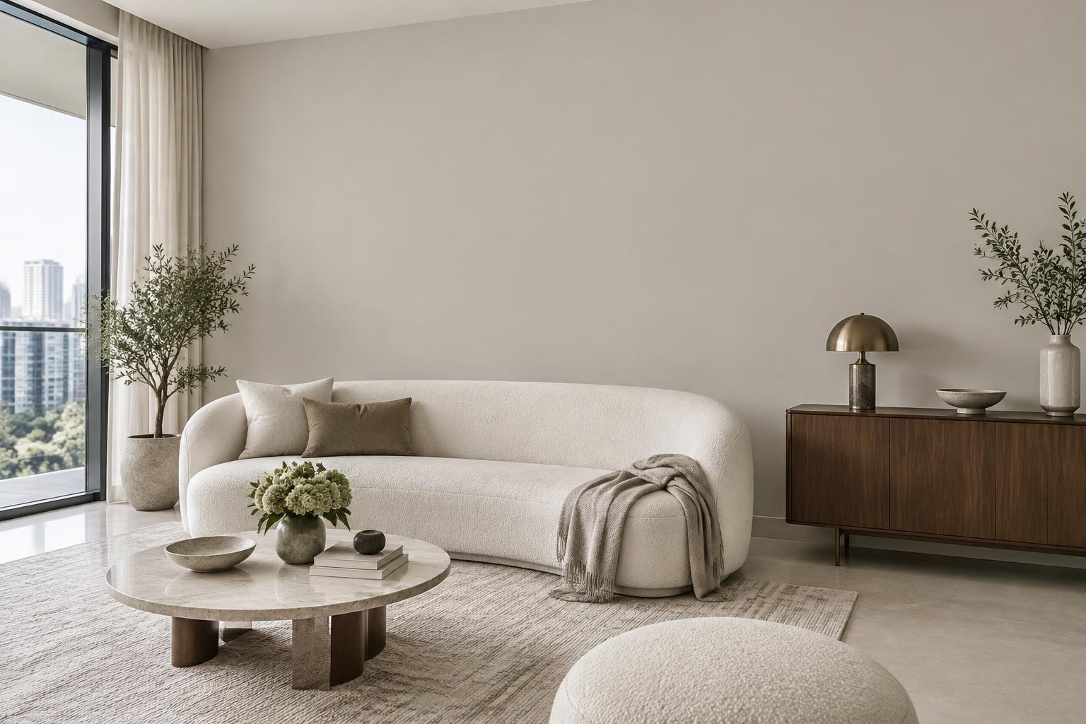 Condo living room with curved boucle sofa and walnut sideboard painted in Gush Nuzzle XR086A, showing the shade in natural Singapore daylight