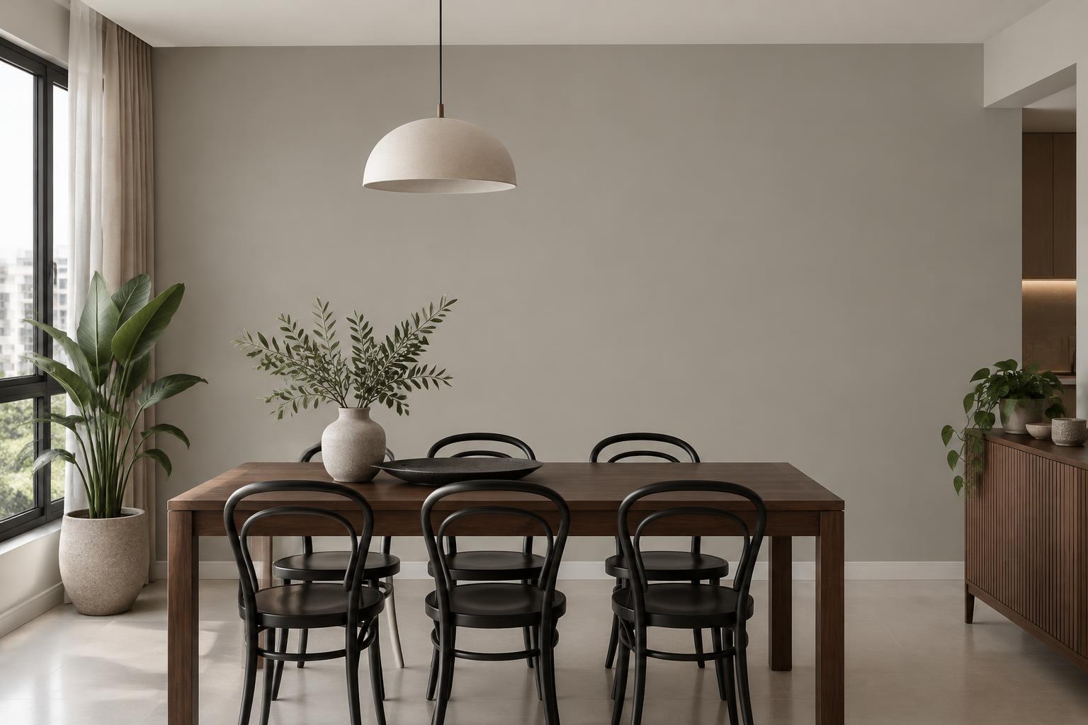 HDB dining room with dark wood table and black bentwood chairs painted in Gush Fist Bump XR087B, showing the shade in natural Singapore daylight