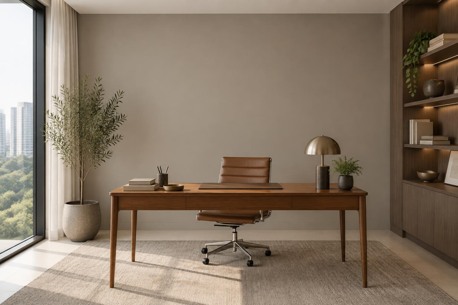 Condo study with mid-century teak desk and leather chair painted in Gush Mustachio XR088B, showing the shade in natural Singapore daylight