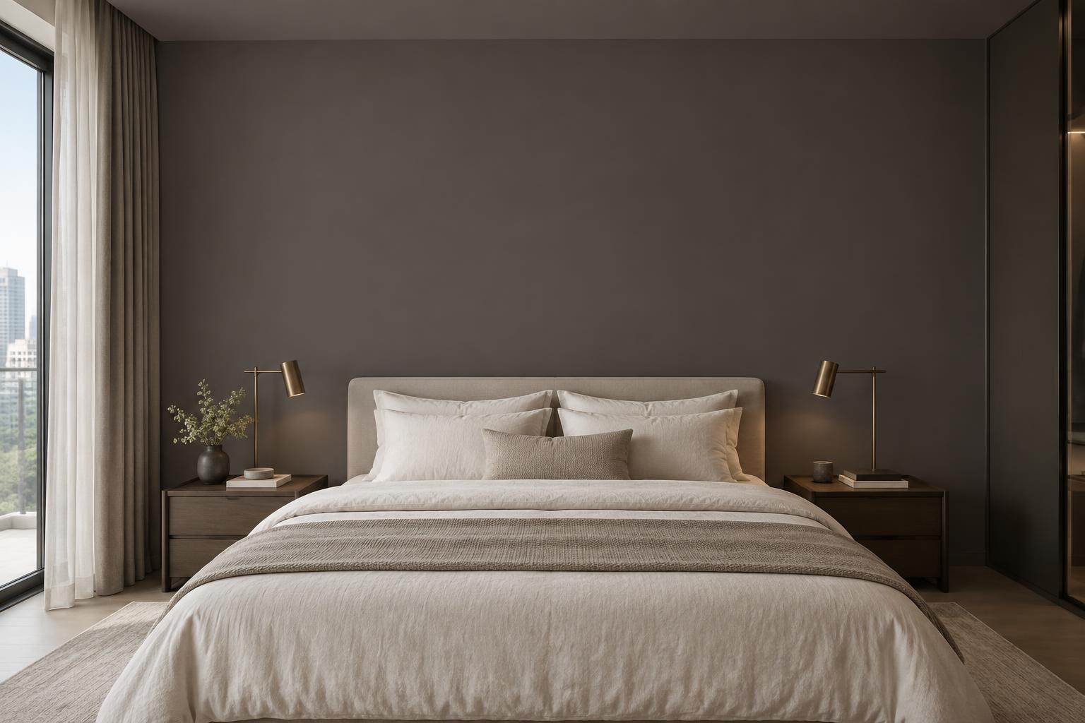 Condo master bedroom with ivory linen and brass reading lamps painted in Gush Baritone XR091C, showing the shade in natural Singapore daylight