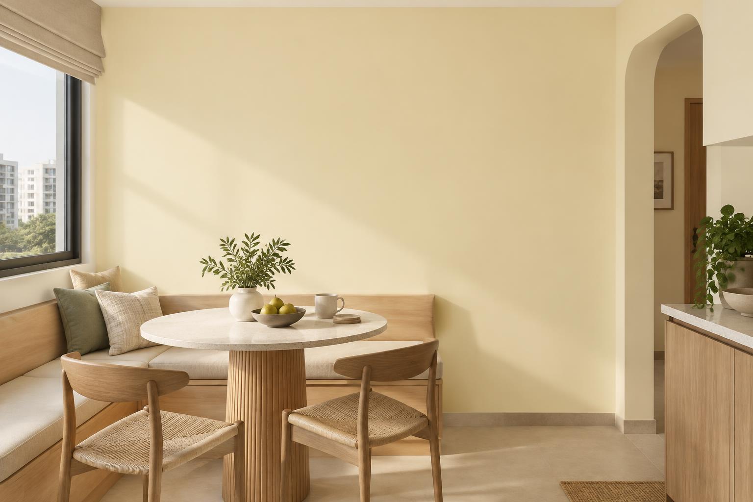 HDB breakfast nook painted in Gush Maple Butter YE003A, showing the shade in natural Singapore daylight