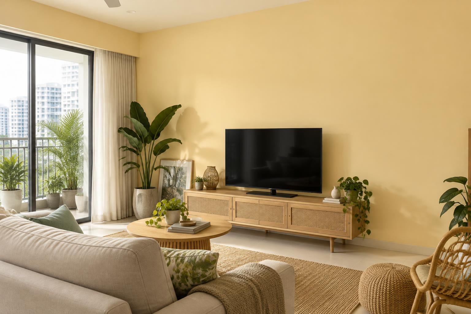 HDB living room painted in Gush Summer Camp YE005A, showing the shade in natural Singapore daylight