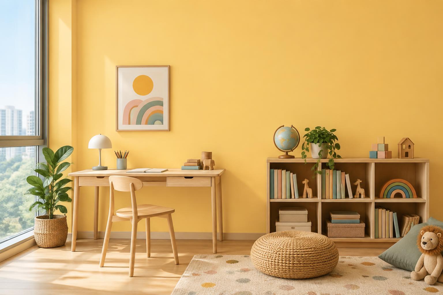 Children’s study painted in Gush Queso YE006B, showing the shade in natural Singapore daylight