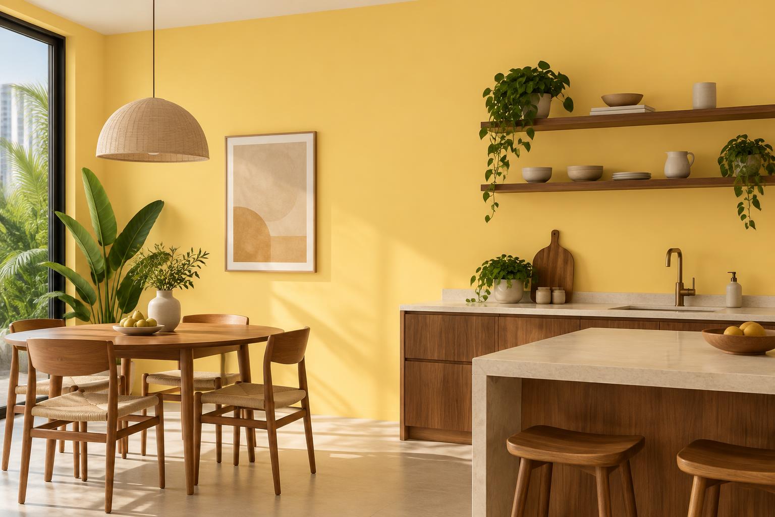 Condo kitchen painted in Gush Colada YE007B, showing the shade in natural Singapore daylight