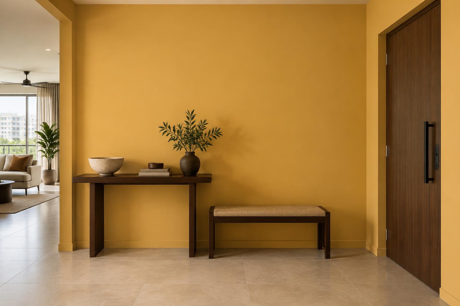 HDB entrance foyer painted in Gush Primrose YE009C, showing the shade in natural Singapore daylight