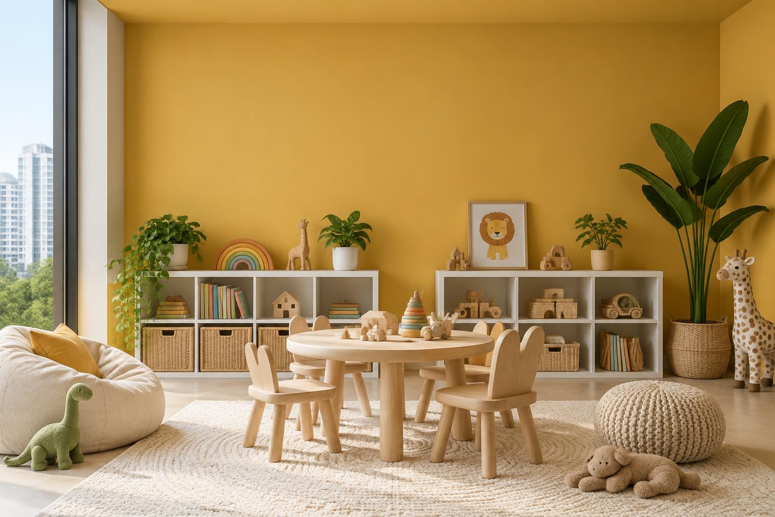 Condo playroom with white shelves and wooden play table painted in Gush Beesechurger YE010C, showing the shade in natural Singapore daylight